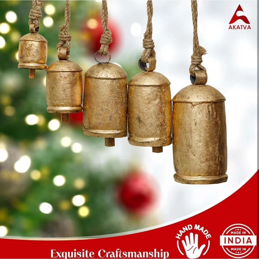 Akatva Large Brass Cow Bells 
Rustic Christmas Decor 5 pc Set
Vintage Gold Bells - Picture 6 of 12